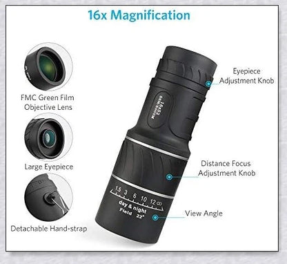 Premium handheld monocular telescope with powerful 16x magnification and fully-coated optics for clear, glare-free viewing