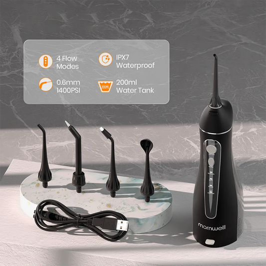 Rechargeable Portable Water Flosser with powerful pulse jet system and 200ml water tank for convenient, thorough cleaning