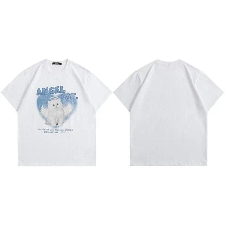 Angel Cat Graphic Cotton T-Shirt with Unique Design and Comfortable Fit