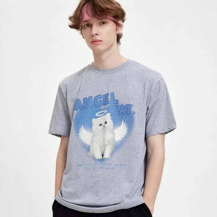 Angel Cat Graphic Cotton T-Shirt with Unique Design and Comfortable Fit