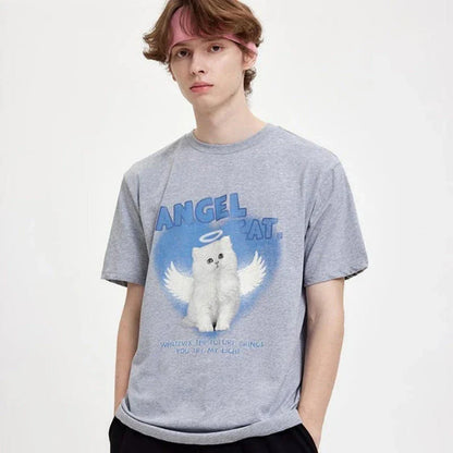 Angel Cat Graphic Cotton T-Shirt with Unique Design and Comfortable Fit