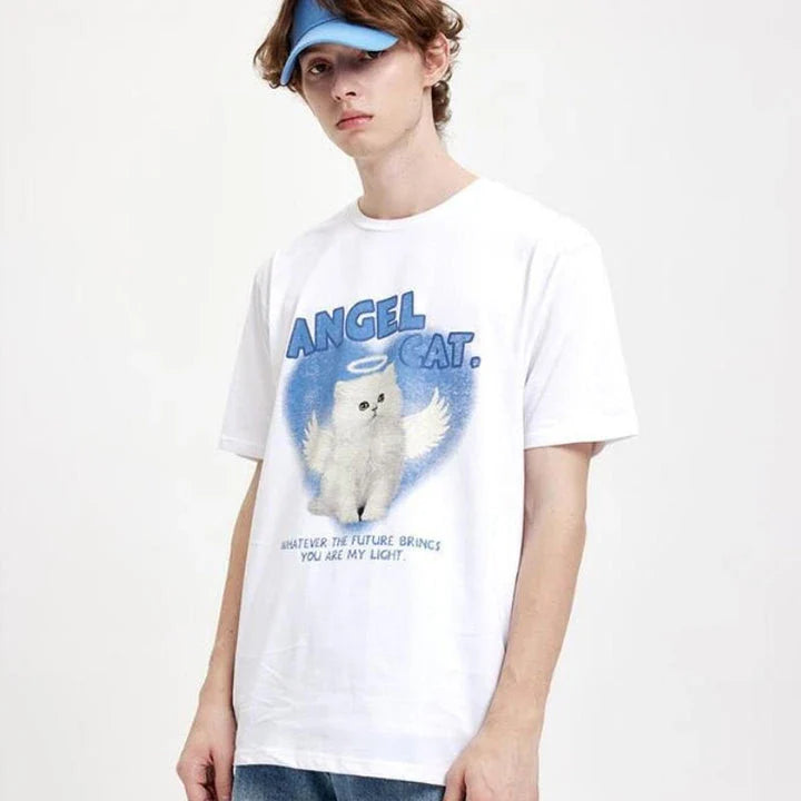 Angel Cat Graphic Cotton T-Shirt with Unique Design and Comfortable Fit