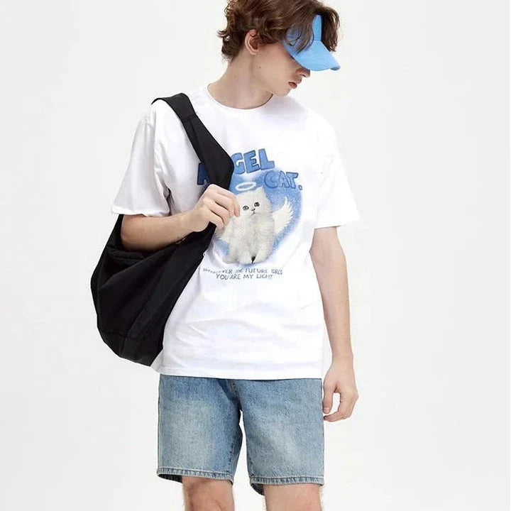 Angel Cat Graphic Cotton T-Shirt with Unique Design and Comfortable Fit