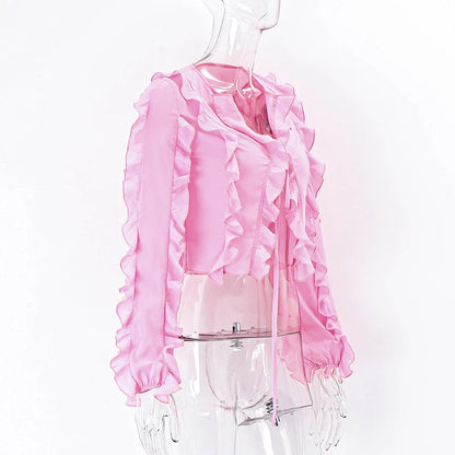 A girls' short top with a v-neck, ruffled trim, and a heart-shaped bow tie, made from stretchy chiffon fabric