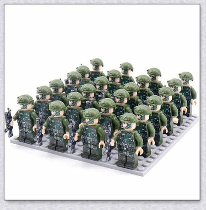 A set of 24 high-quality WWII-themed military building blocks depicting iconic vehicles and weapons from Germany, France, Italy, Japan, and Britain.