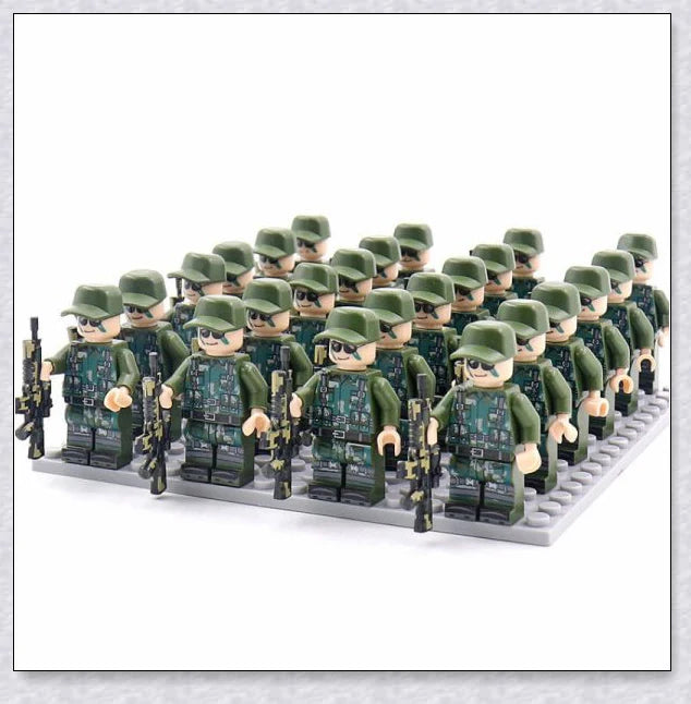 A set of 24 high-quality WWII-themed military building blocks depicting iconic vehicles and weapons from Germany, France, Italy, Japan, and Britain.