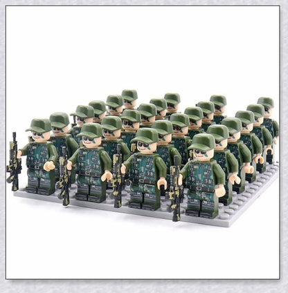 A set of 24 high-quality WWII-themed military building blocks depicting iconic vehicles and weapons from Germany, France, Italy, Japan, and Britain.