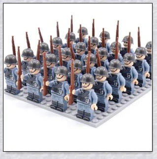 A set of 24 high-quality WWII-themed military building blocks depicting iconic vehicles and weapons from Germany, France, Italy, Japan, and Britain.