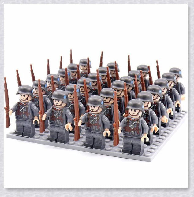 A set of 24 high-quality WWII-themed military building blocks depicting iconic vehicles and weapons from Germany, France, Italy, Japan, and Britain.