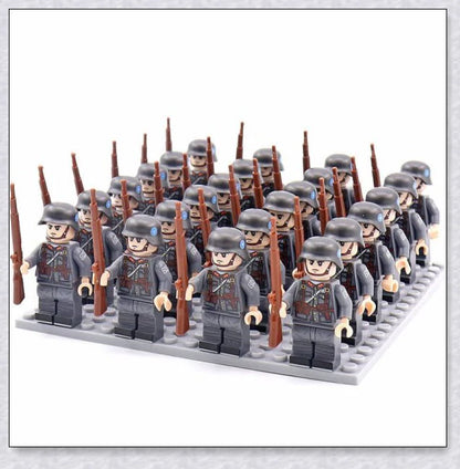 A set of 24 high-quality WWII-themed military building blocks depicting iconic vehicles and weapons from Germany, France, Italy, Japan, and Britain.