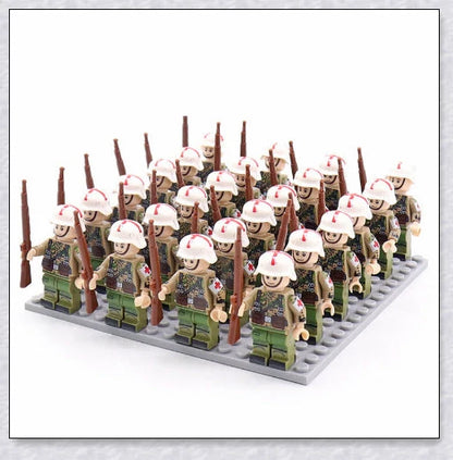A set of 24 high-quality WWII-themed military building blocks depicting iconic vehicles and weapons from Germany, France, Italy, Japan, and Britain.