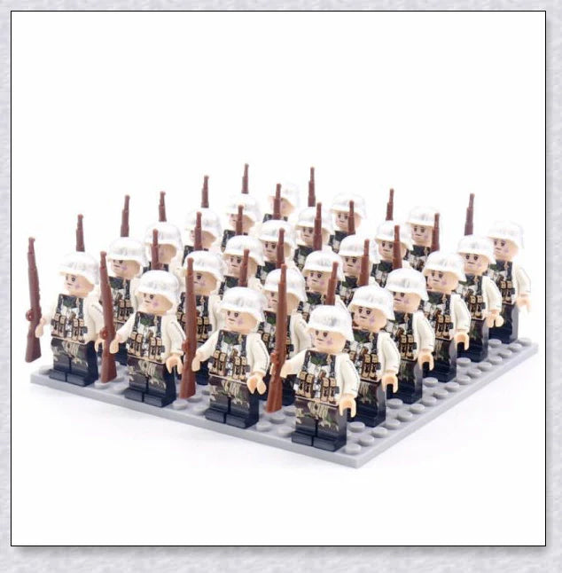 A set of 24 high-quality WWII-themed military building blocks depicting iconic vehicles and weapons from Germany, France, Italy, Japan, and Britain.