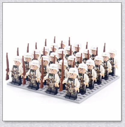 A set of 24 high-quality WWII-themed military building blocks depicting iconic vehicles and weapons from Germany, France, Italy, Japan, and Britain.