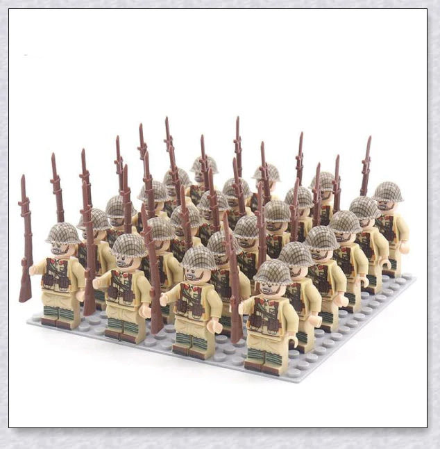 A set of 24 high-quality WWII-themed military building blocks depicting iconic vehicles and weapons from Germany, France, Italy, Japan, and Britain.