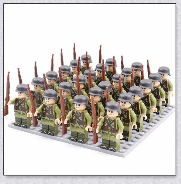 A set of 24 high-quality WWII-themed military building blocks depicting iconic vehicles and weapons from Germany, France, Italy, Japan, and Britain.