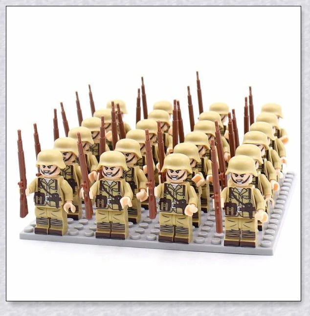 A set of 24 high-quality WWII-themed military building blocks depicting iconic vehicles and weapons from Germany, France, Italy, Japan, and Britain.