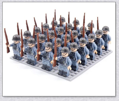 A set of 24 high-quality WWII-themed military building blocks depicting iconic vehicles and weapons from Germany, France, Italy, Japan, and Britain.