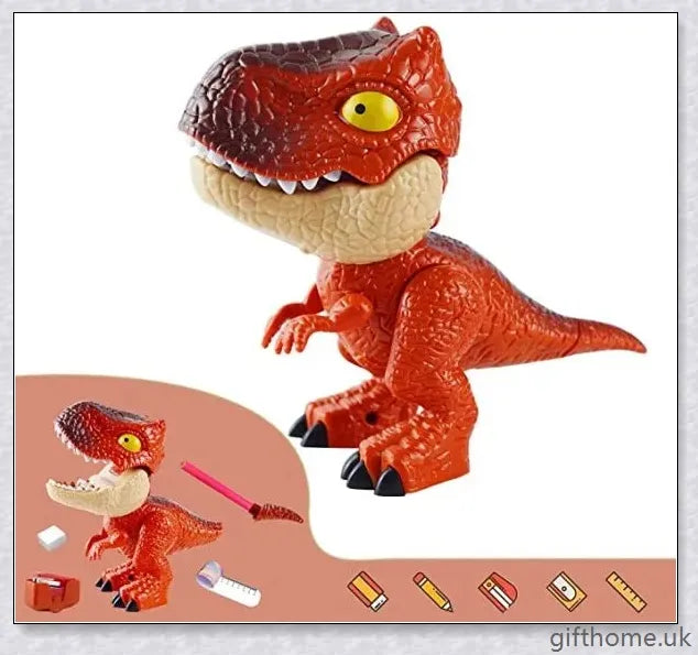 Assembled Dinosaur Stationery Simulation Animal Toy with integrated pencil, eraser, ruler, and binding machine