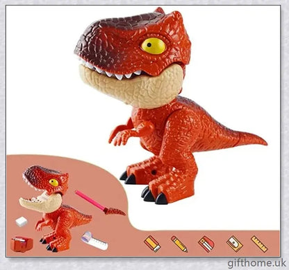 Assembled Dinosaur Stationery Simulation Animal Toy with integrated pencil, eraser, ruler, and binding machine