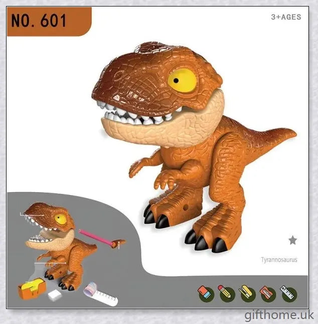 Assembled Dinosaur Stationery Simulation Animal Toy with integrated pencil, eraser, ruler, and binding machine