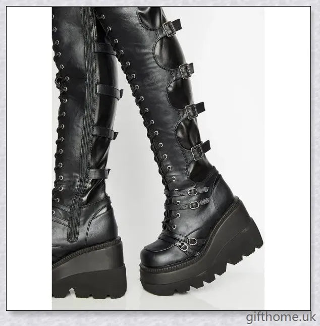 Stylish high platform thigh-high boots with fashionable buckle detailing, perfect for adding a touch of punk-inspired elegance to your outfit.
