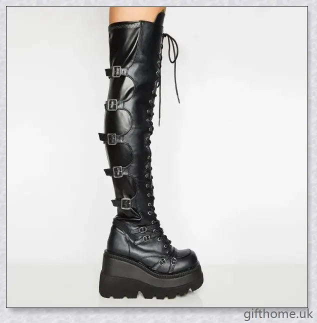 Stylish high platform thigh-high boots with fashionable buckle detailing, perfect for adding a touch of punk-inspired elegance to your outfit.