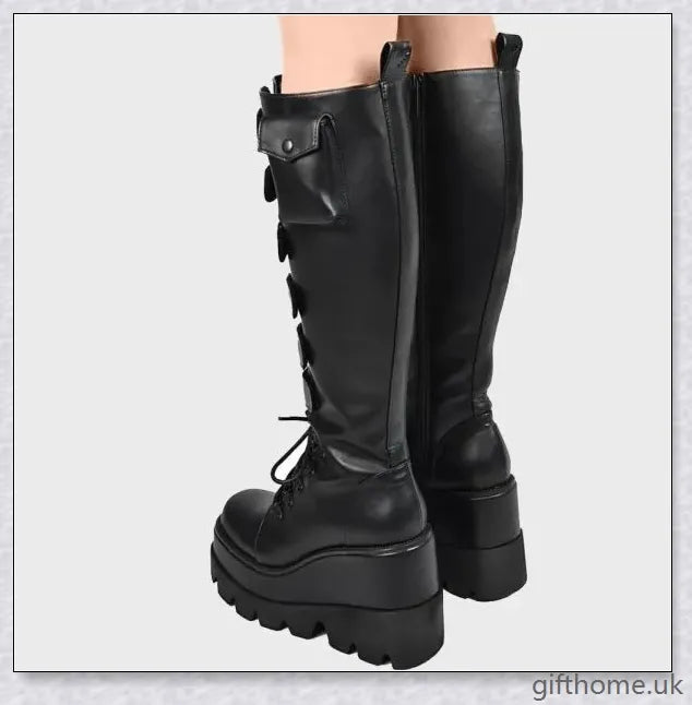 Stylish high platform thigh-high boots with fashionable buckle detailing, perfect for adding a touch of punk-inspired elegance to your outfit.