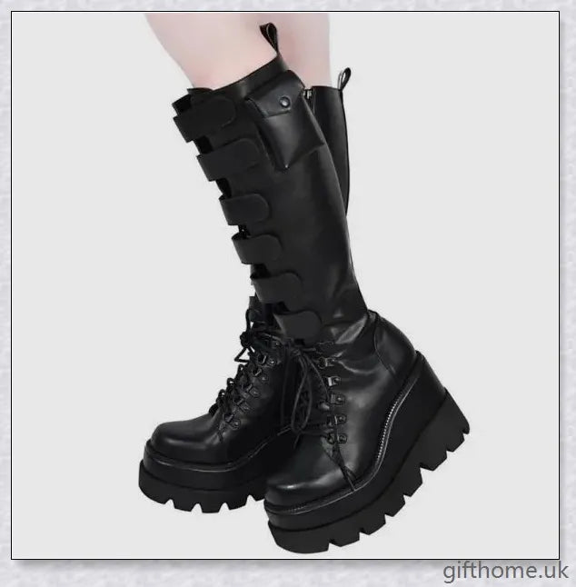 Stylish high platform thigh-high boots with fashionable buckle detailing, perfect for adding a touch of punk-inspired elegance to your outfit.