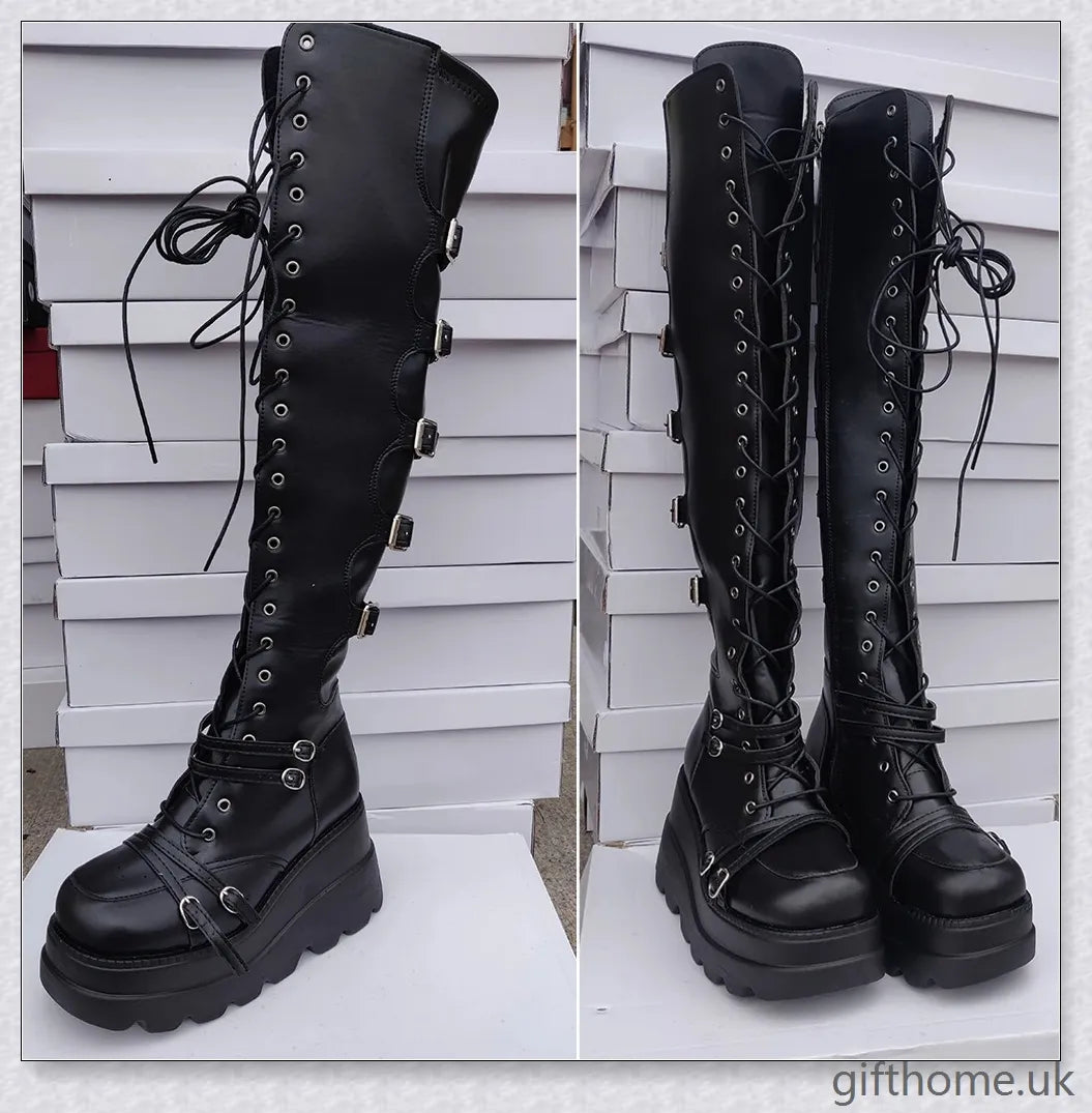 Stylish high platform thigh-high boots with fashionable buckle detailing, perfect for adding a touch of punk-inspired elegance to your outfit.