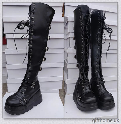 Stylish high platform thigh-high boots with fashionable buckle detailing, perfect for adding a touch of punk-inspired elegance to your outfit.