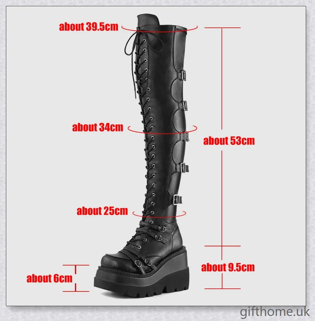 Stylish high platform thigh-high boots with fashionable buckle detailing, perfect for adding a touch of punk-inspired elegance to your outfit.