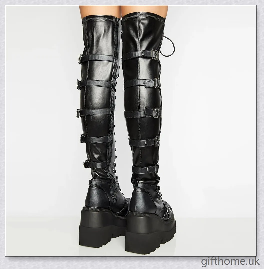 Stylish high platform thigh-high boots with fashionable buckle detailing, perfect for adding a touch of punk-inspired elegance to your outfit.