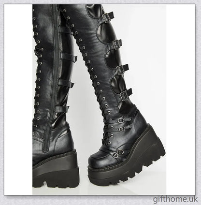 Stylish high platform thigh-high boots with fashionable buckle detailing, perfect for adding a touch of punk-inspired elegance to your outfit.