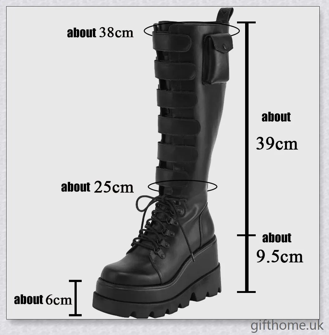 Stylish high platform thigh-high boots with fashionable buckle detailing, perfect for adding a touch of punk-inspired elegance to your outfit.