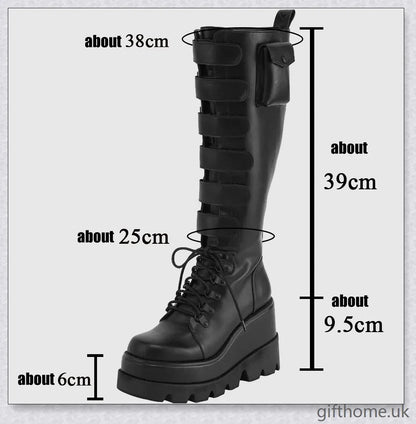 Stylish high platform thigh-high boots with fashionable buckle detailing, perfect for adding a touch of punk-inspired elegance to your outfit.