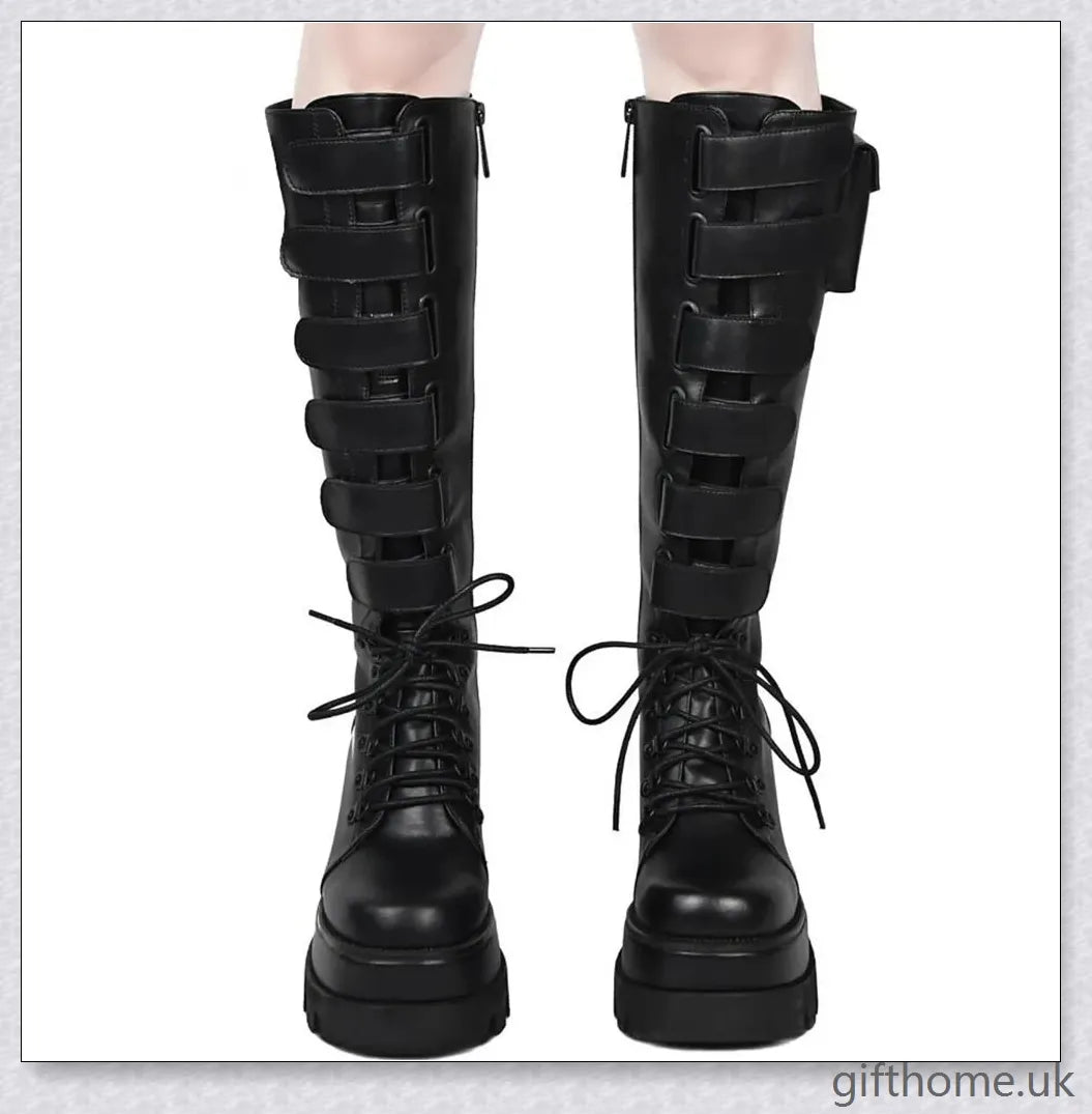 Stylish high platform thigh-high boots with fashionable buckle detailing, perfect for adding a touch of punk-inspired elegance to your outfit.