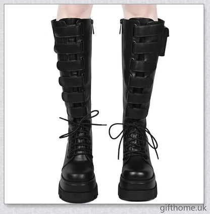 Stylish high platform thigh-high boots with fashionable buckle detailing, perfect for adding a touch of punk-inspired elegance to your outfit.