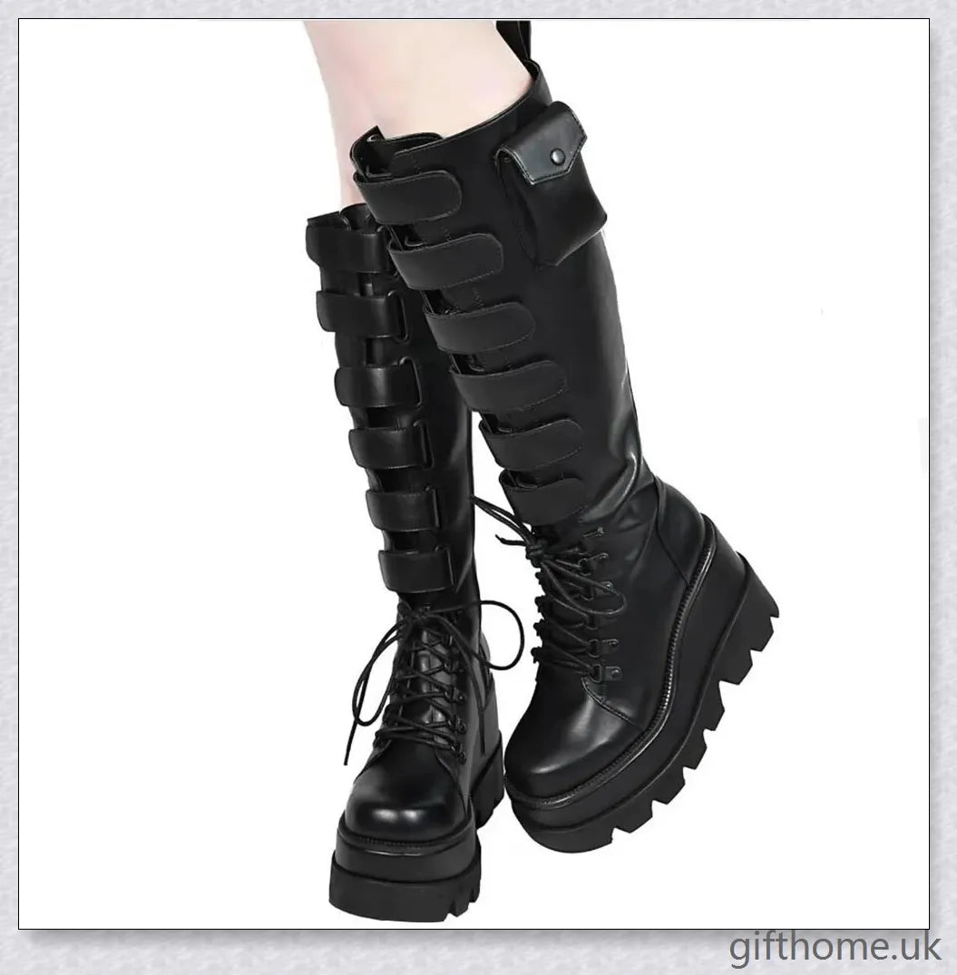 Stylish high platform thigh-high boots with fashionable buckle detailing, perfect for adding a touch of punk-inspired elegance to your outfit.
