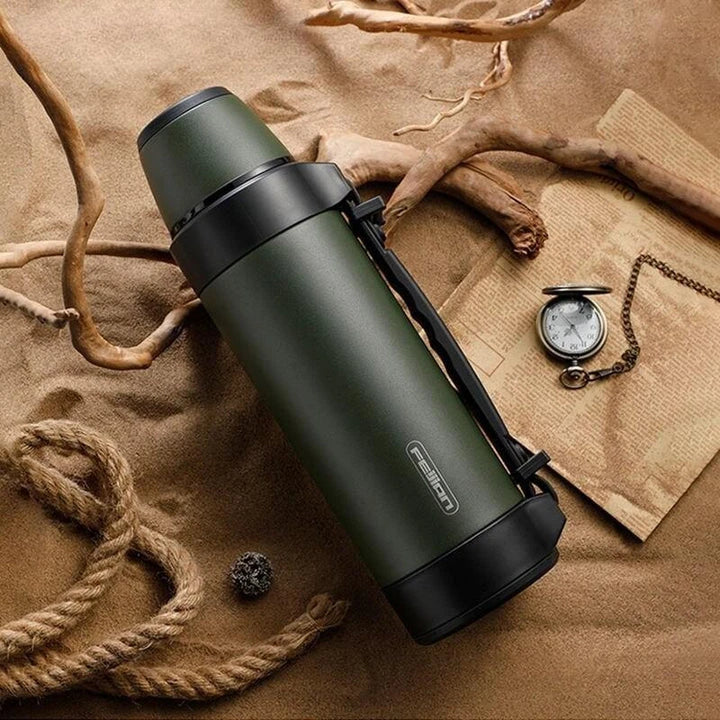 Large capacity stainless steel thermal travel mug with 1500ml or 1200ml capacity, keeps drinks hot or cold for 24 hours