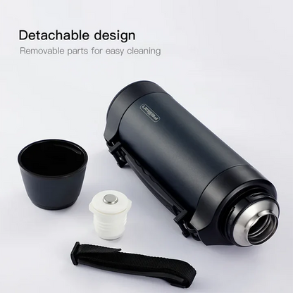 Large capacity stainless steel thermal travel mug with 1500ml or 1200ml capacity, keeps drinks hot or cold for 24 hours