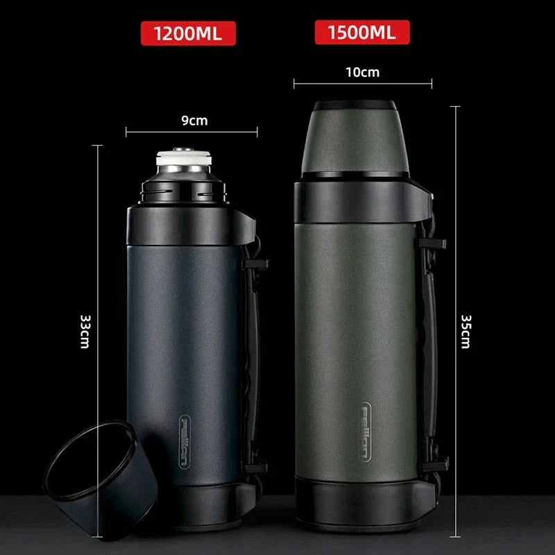 Large capacity stainless steel thermal travel mug with 1500ml or 1200ml capacity, keeps drinks hot or cold for 24 hours