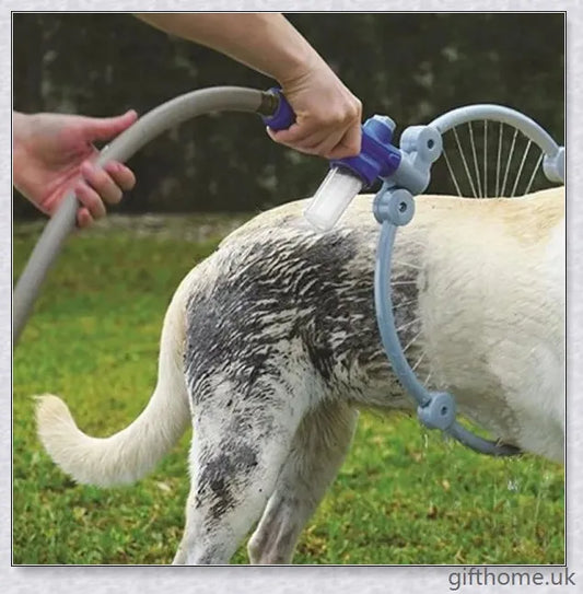 A 360 degree dog shower tool that attaches to a garden hose for easy, hands-free pet bathing