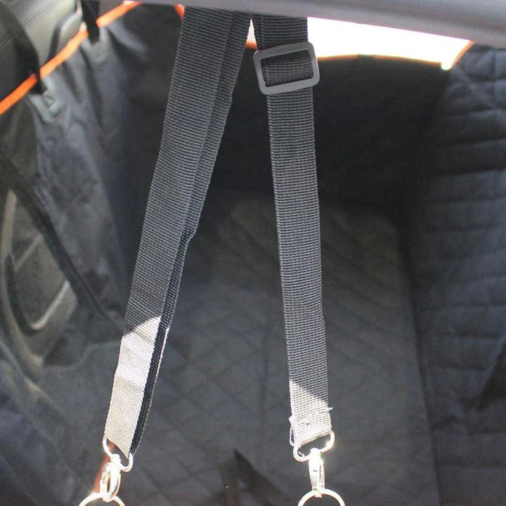 A stylish dog car seat cover made of premium Oxford fabric with contrast trim, designed to protect your vehicle's interior while keeping your pet comfortable on the journey.