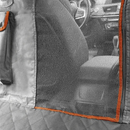 A stylish dog car seat cover made of premium Oxford fabric with contrast trim, designed to protect your vehicle's interior while keeping your pet comfortable on the journey.