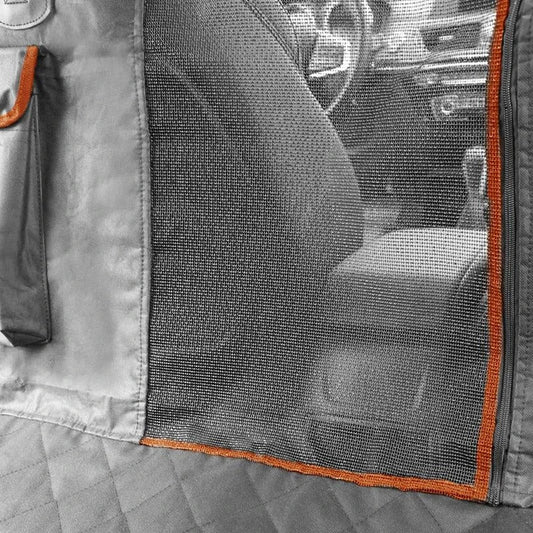 A stylish dog car seat cover made of premium Oxford fabric with contrast trim, designed to protect your vehicle's interior while keeping your pet comfortable on the journey.