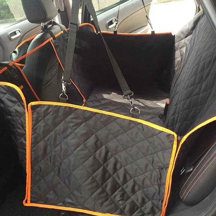 A stylish dog car seat cover made of premium Oxford fabric with contrast trim, designed to protect your vehicle's interior while keeping your pet comfortable on the journey.