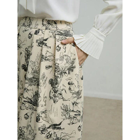 High waist A-line midi skirt with subtle ink animal print, ideal for winter fashion