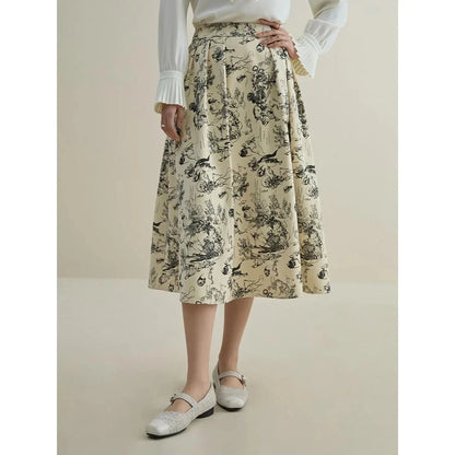 High waist A-line midi skirt with subtle ink animal print, ideal for winter fashion