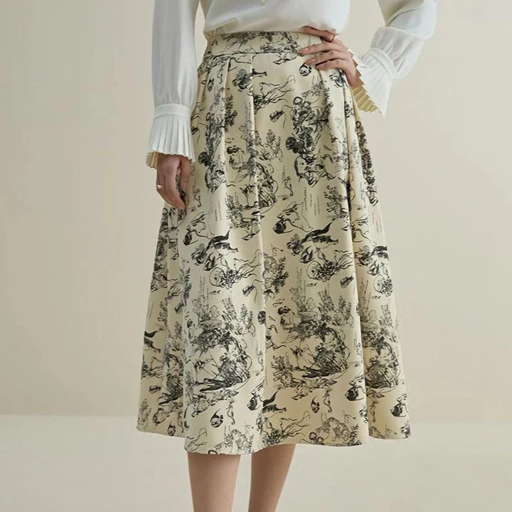 High waist A-line midi skirt with subtle ink animal print, ideal for winter fashion