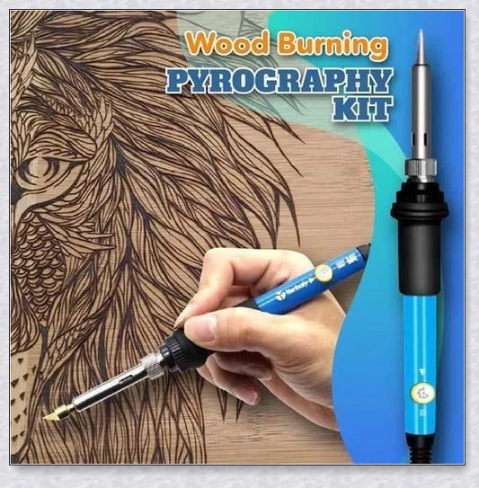 A comprehensive wood burning pyrography kit with a variety of tips, stencils, and a portable carrying case for creative versatility.